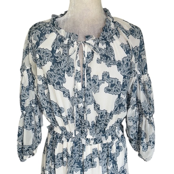 Anthropologie Current Air Isla Blue White Tie Neck Tiered Ruffle Midi Dress - XS - Picture 6 of 16